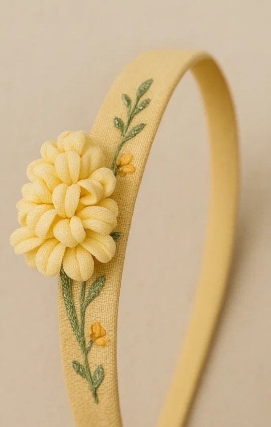 Faixa de cabeça de bebê de pelúcia feita à mão com bordado de jacinto amarelo claro – Macia e elegante para bebês e crianças pequenas