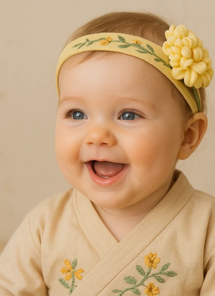 Faixa de cabelo para bebê feita à mão com bordado de flor amarela