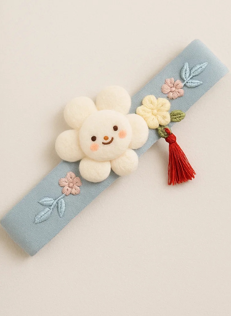 Cute Smiling Flower Plush Baby Headband – Embroidered Floral Design