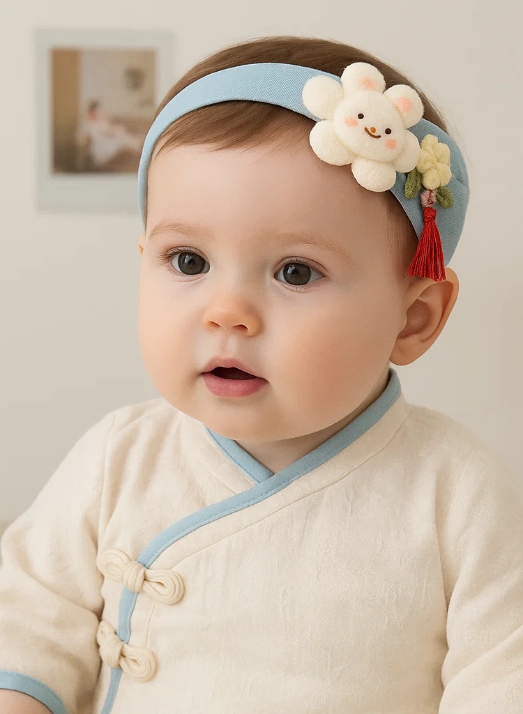 Cute Smiling Flower Plush Baby Headband – Embroidered Floral Design