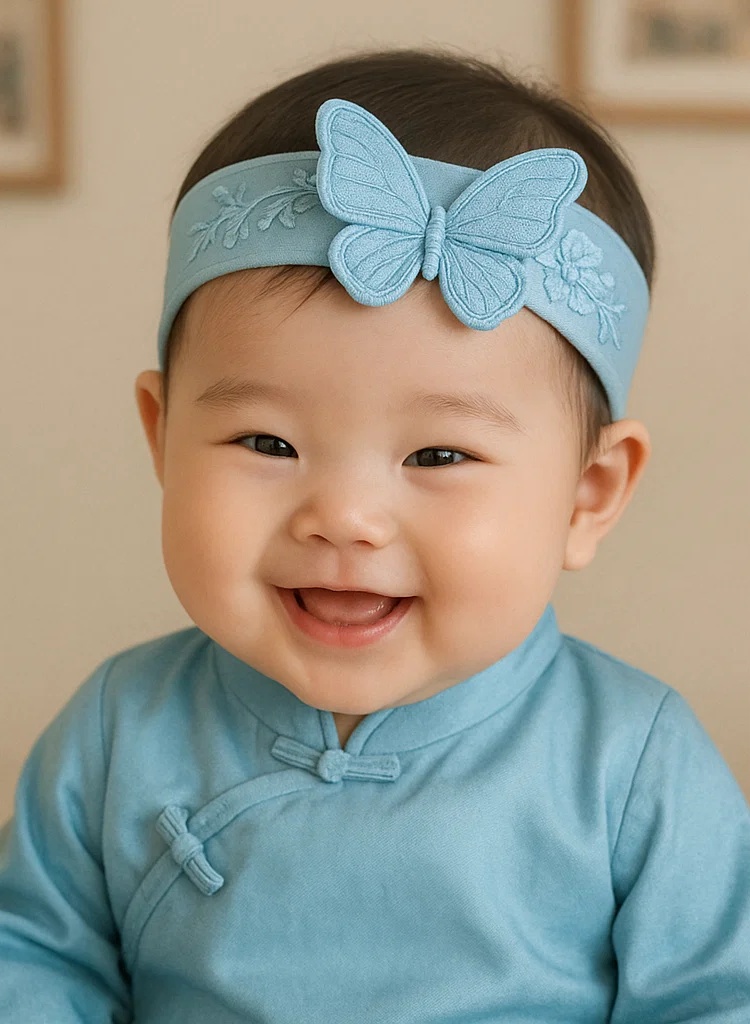 Himmelblaues Baby-Stirnband mit Schmetterling, Quasten und Blumenstickerei