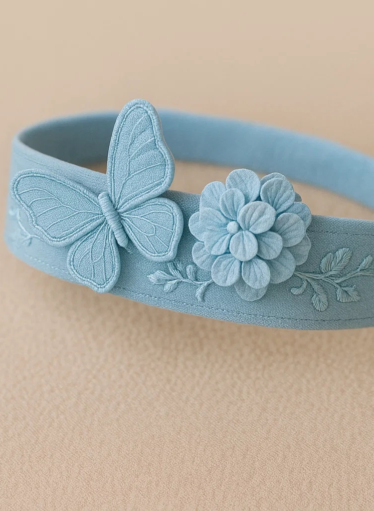Handmade Baby Blue Butterfly Headband with 3D Flower – Soft Embroidered Newborn & Toddler Hairband