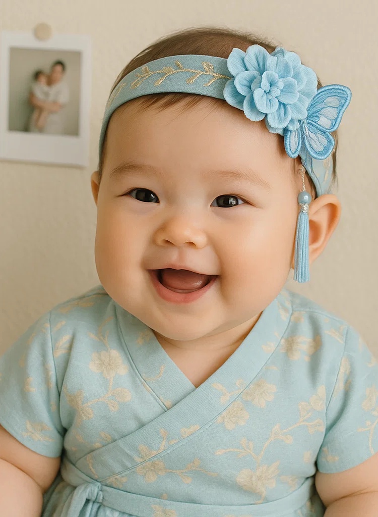 Sky Blue Butterfly Baby Headband with Tassel and Flower Embroidery