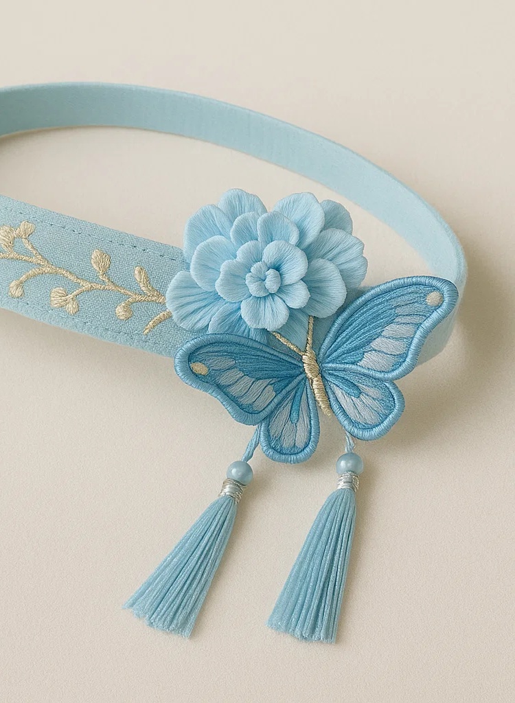 Sky Blue Butterfly Baby Headband with Tassel and Flower Embroidery
