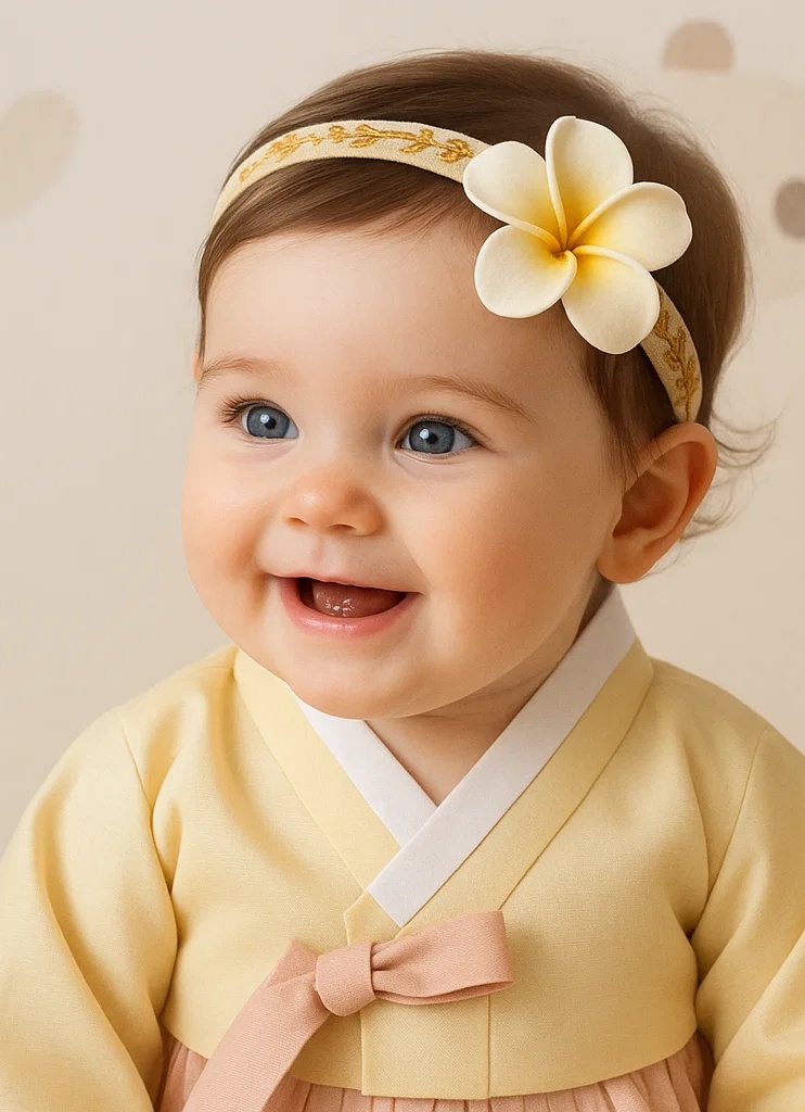 Handmade Plush Baby Headband with Yellow and White Plumeria Flower Embroidery