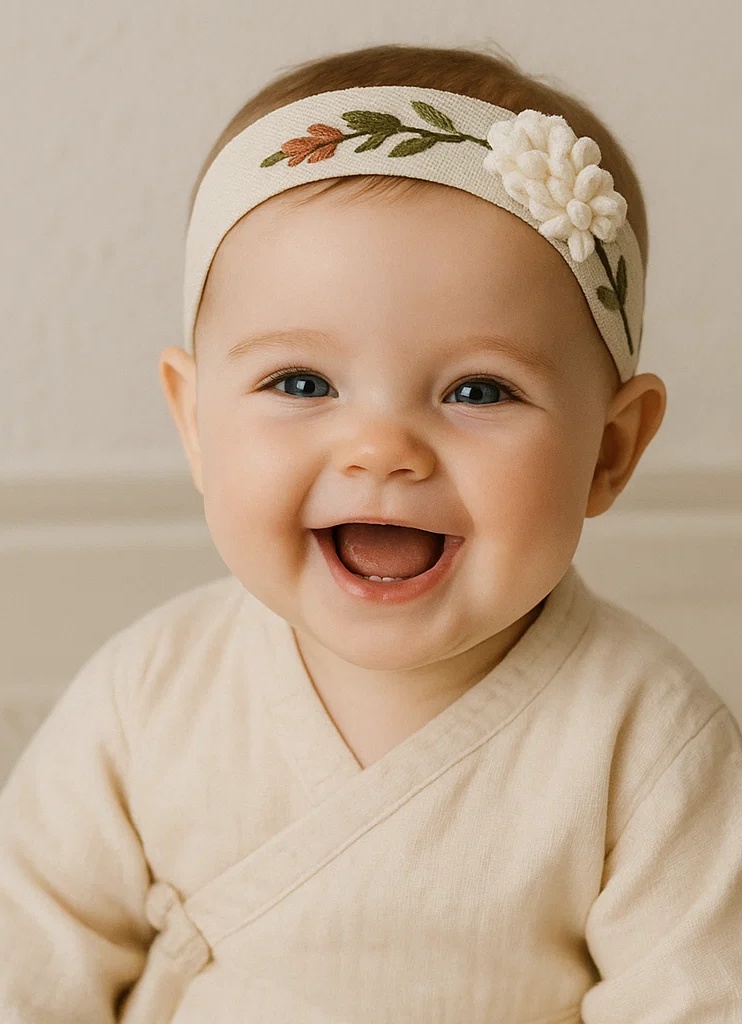 White Floral Embroidered Baby Headband with Detachable Flower