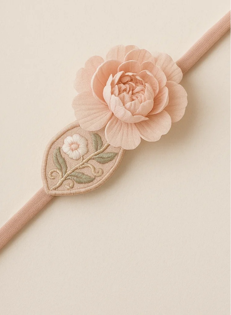 Embroidered Peony Baby Headband – Soft Elastic Hair Accessory for Newborns