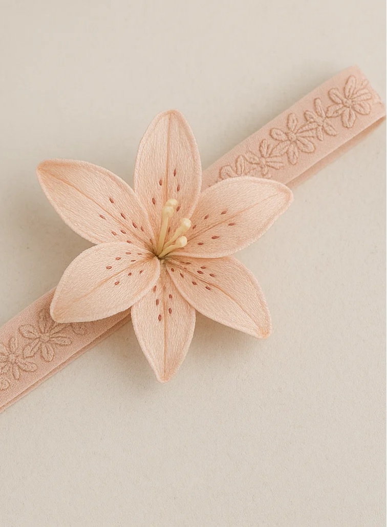 Besticktes rosa Lilien-Stirnband für Babys – Weiches elastisches Blumen-Haaraccessoire für Neugeborene