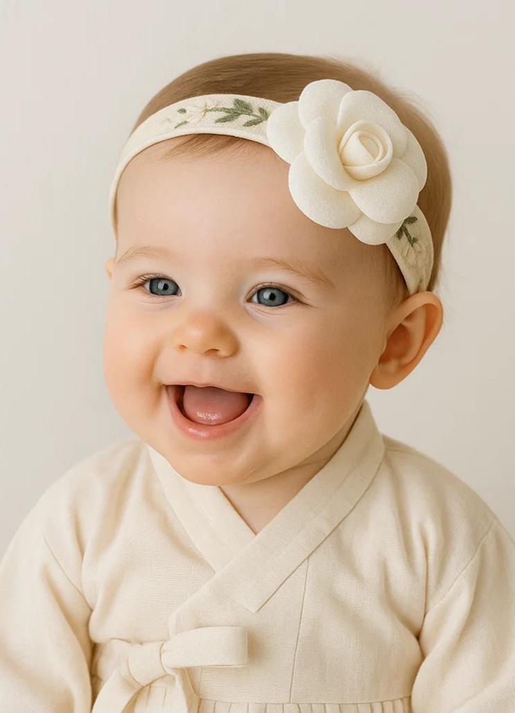 Bandeau bébé fleuri blanc brodé – Accessoire cheveux doux et élastique pour nouveau-né