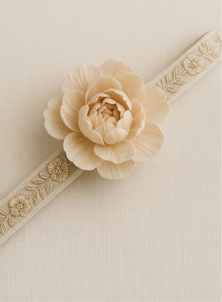 Bandeau bébé fleur crème élégant – Accessoire cheveux élastique doux pour nouveau-né