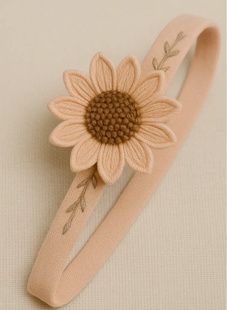 Bandeau pour bébé avec broderie de tournesol et détails floraux