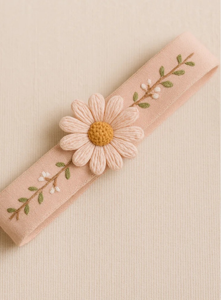 Faixa de cabeça para bebê com bordado de girassol e detalhes florais