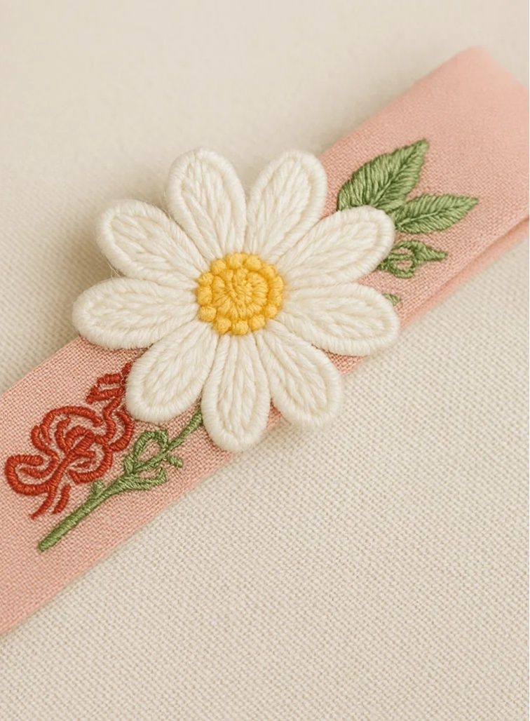 Bandă de cap pentru bebeluși cu broderie de floarea-soarelui și detalii florale