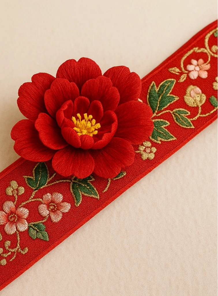Detachable Flower Handmade Plush Baby Headband – Red Floral for Girls