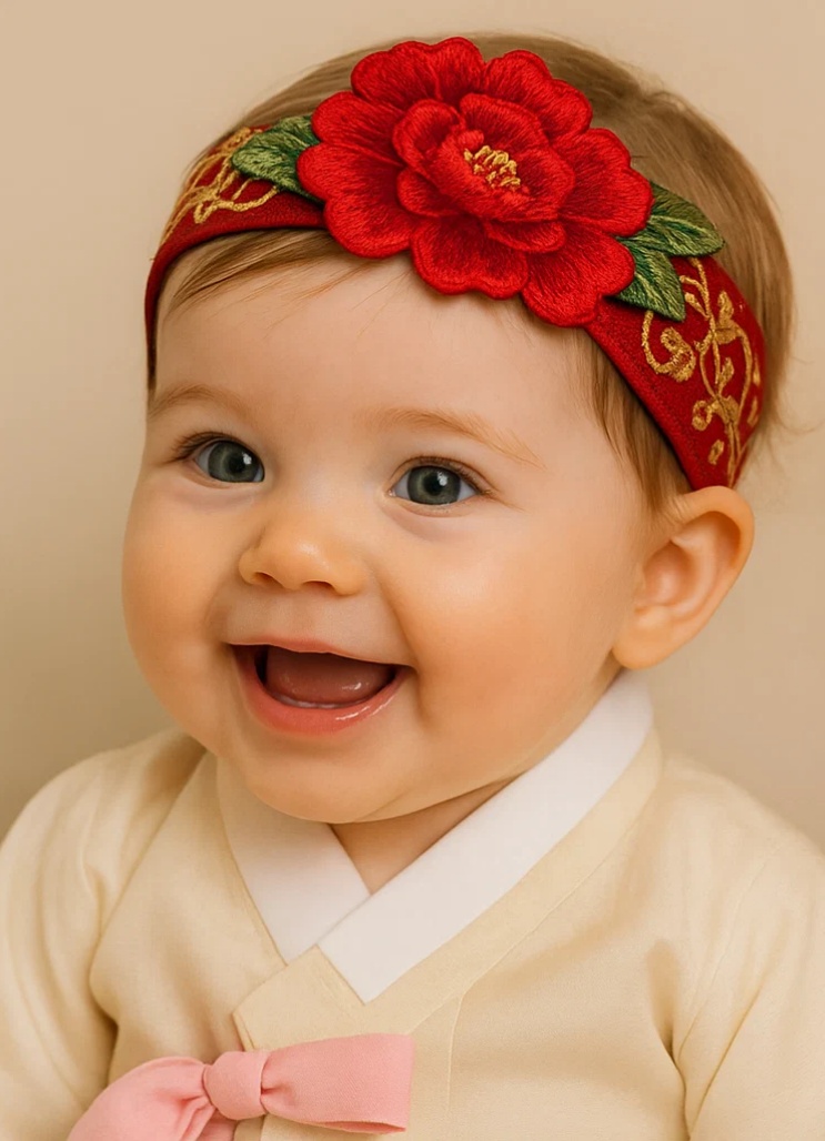 Detachable Flower Handmade Plush Baby Headband – Red Embroidered for Girls