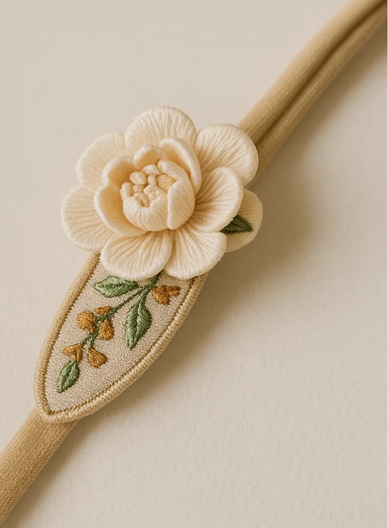 Detachable Flower Handmade Plush Baby Headband – Beige with Embroidery for Girls