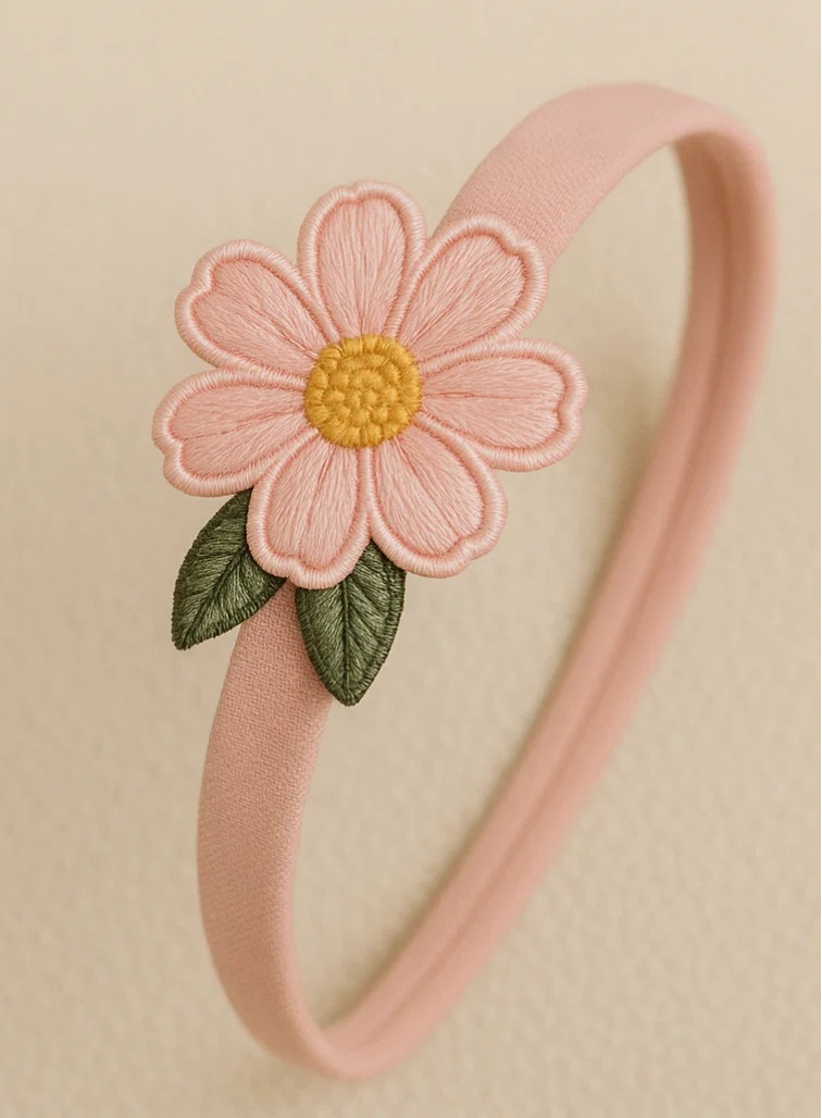 Detachable Flower Handmade Plush Baby Headband – Pink with Embroidery for Girls