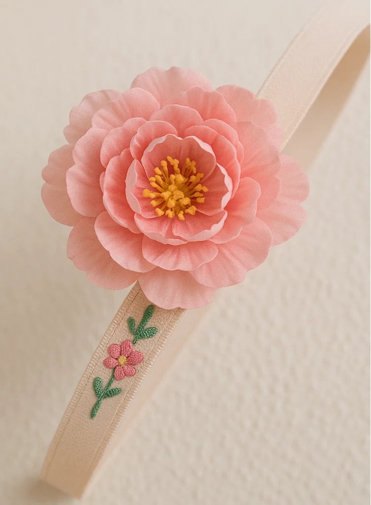 Detachable Flower Handmade Plush Baby Headband – Pink with Embroidery for Girls