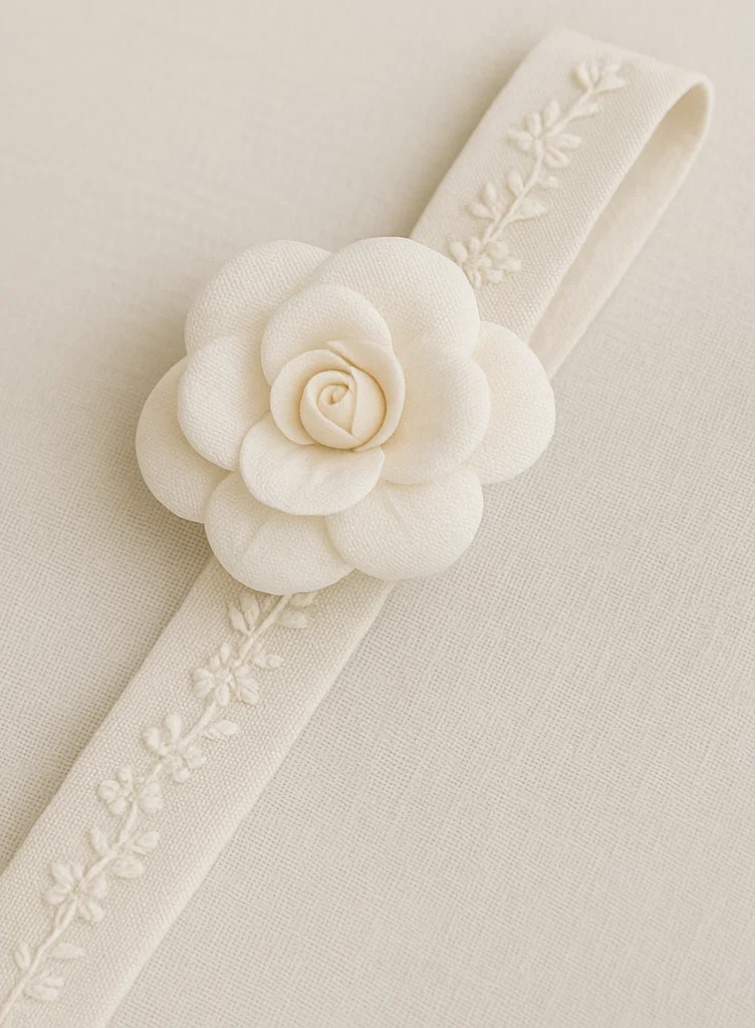 Diadema floral blanca bordada para bebé – Accesorio de cabello elástico suave para recién nacido