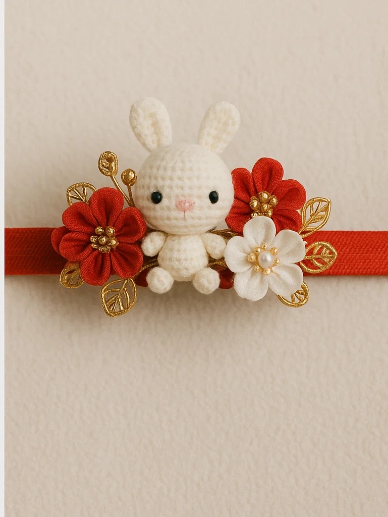 Chinese Style Embroidered Red Flower Baby Headband with Plush Bunny Doll, Newborn Infant Girls Festival Hairband