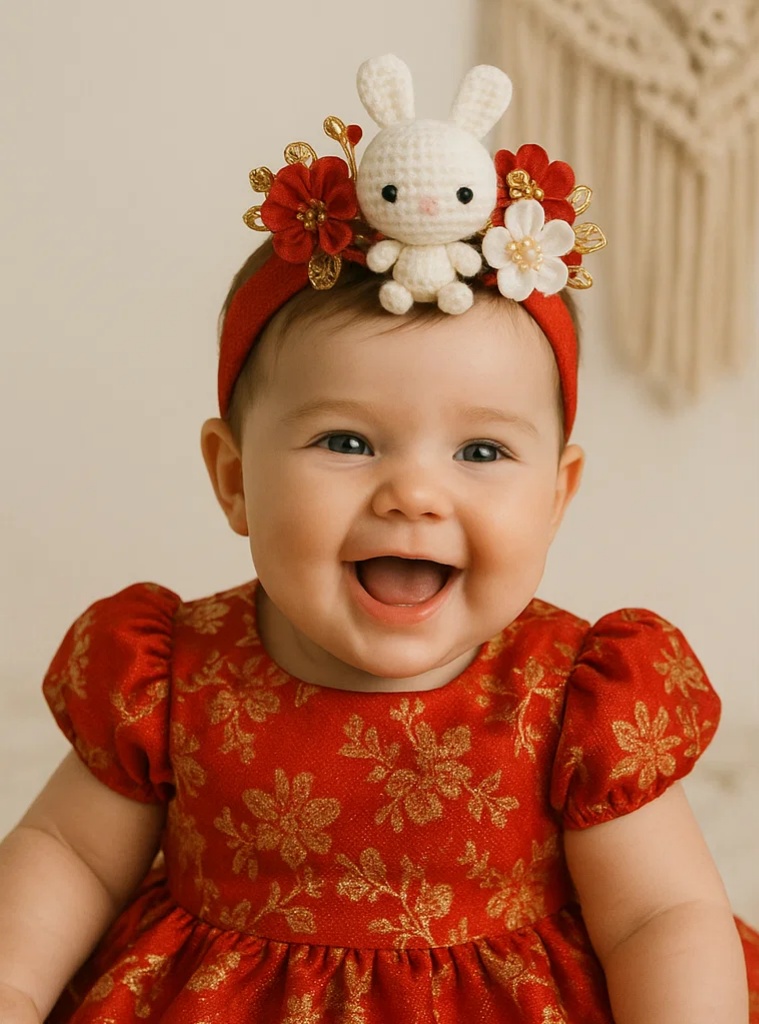 Chinese Style Embroidered Red Flower Baby Headband with Plush Bunny Doll, Newborn Infant Girls Festival Hairband