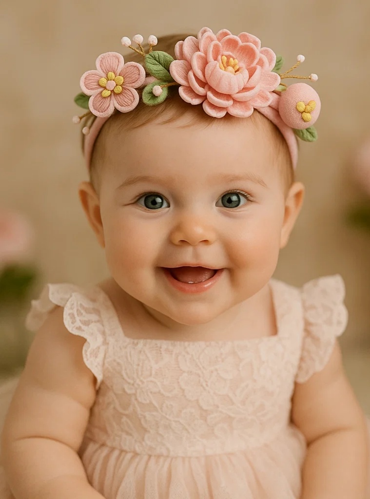 Chinese Style Embroidered Pink Flower Baby Headband, Handmade Infant Girls Floral Hairband