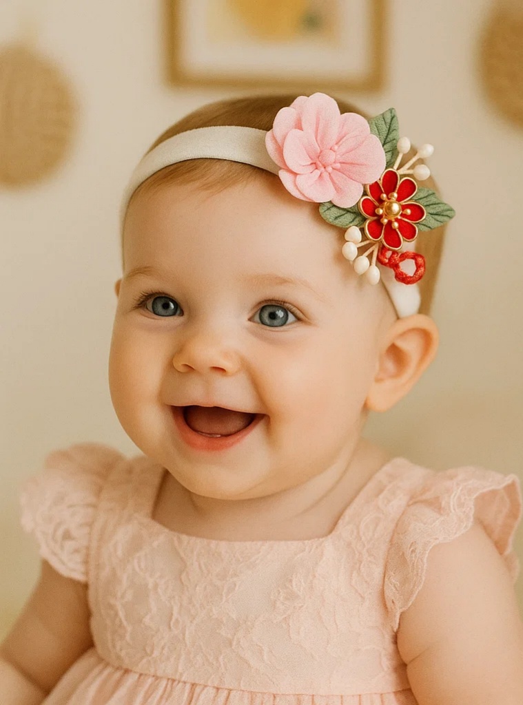 Handmade Floral Series Baby Headband, Chinese Style Pink and Red Flower Infant Hairband