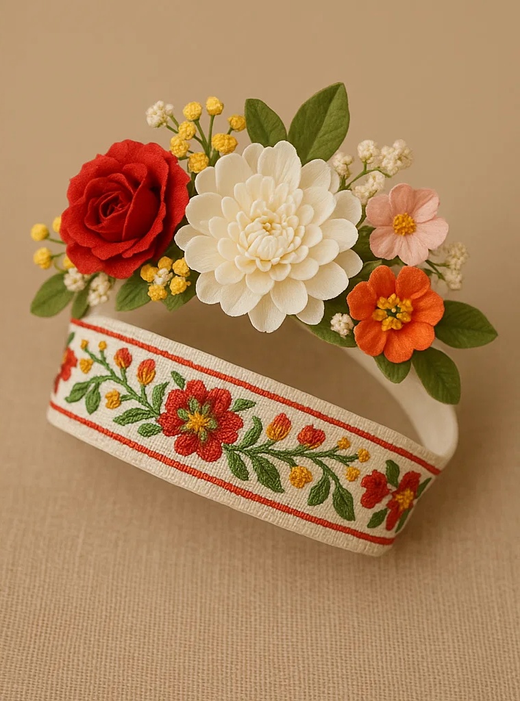 Quanzhou Style Floral Baby Headband, Chinese Handmade Red and White Chrysanthemum Infant Hairband