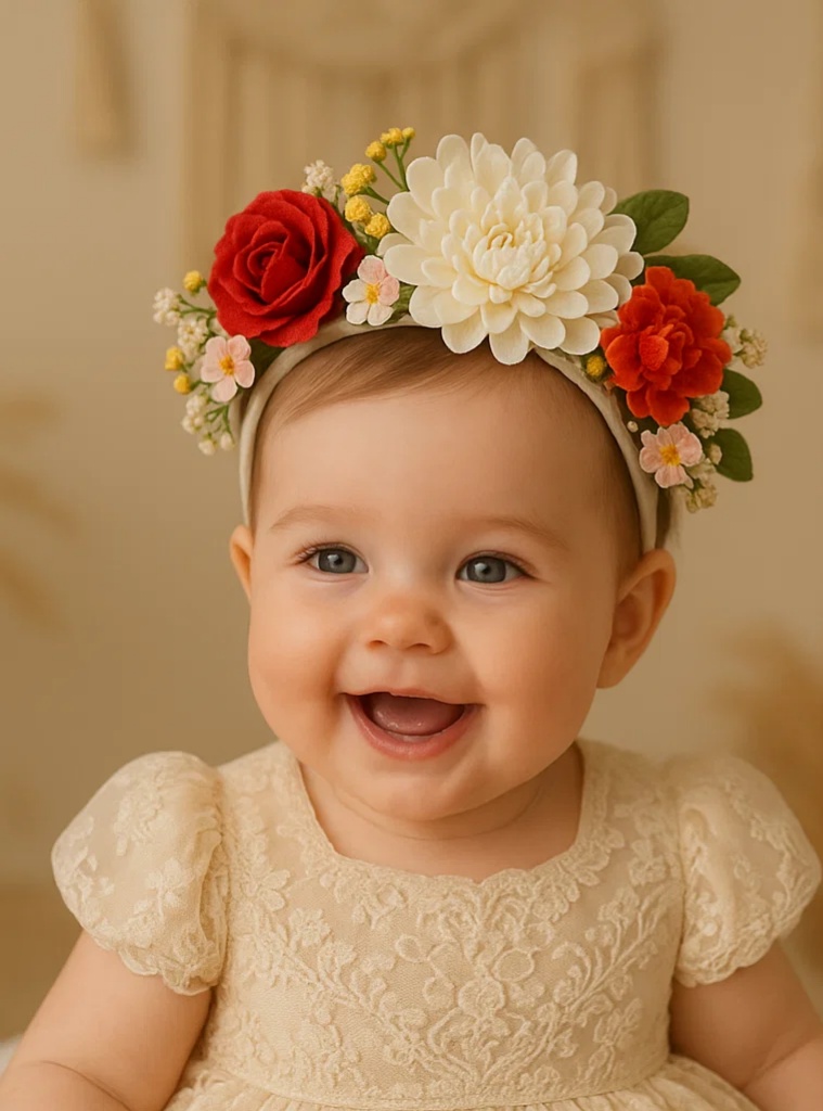 Quanzhou Style Floral Baby Headband, Chinese Handmade Red and White Chrysanthemum Infant Hairband