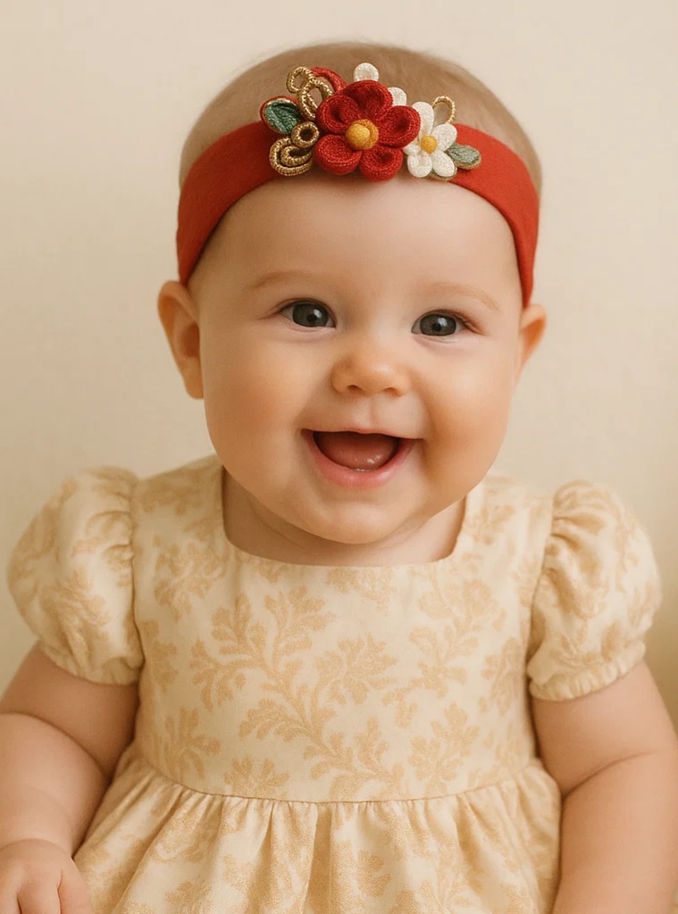 Red Chinese Embroidered Baby Headband, Handmade Floral Infant Girls Hairband