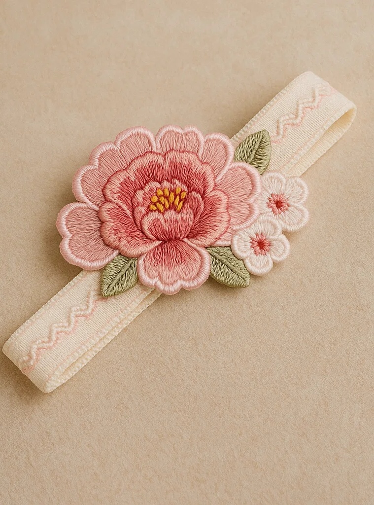 Pink Embroidered Peony Baby Headband, Handmade Floral Chinese Style Infant Hairband