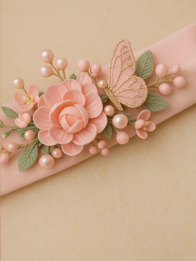 Handmade Pink Flower and Butterfly Baby Headband, Elegant Girls Floral Infant Hairband