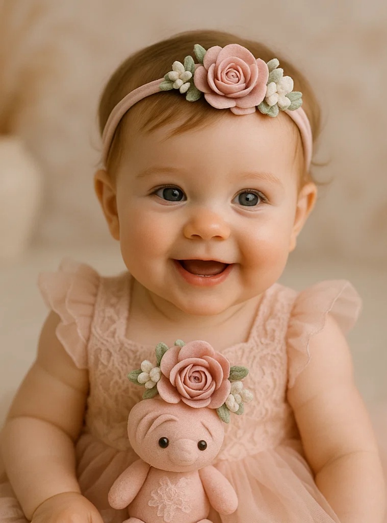 Handmade Rose Embroidery Baby Headband, Elegant Pink Floral Infant Hairband