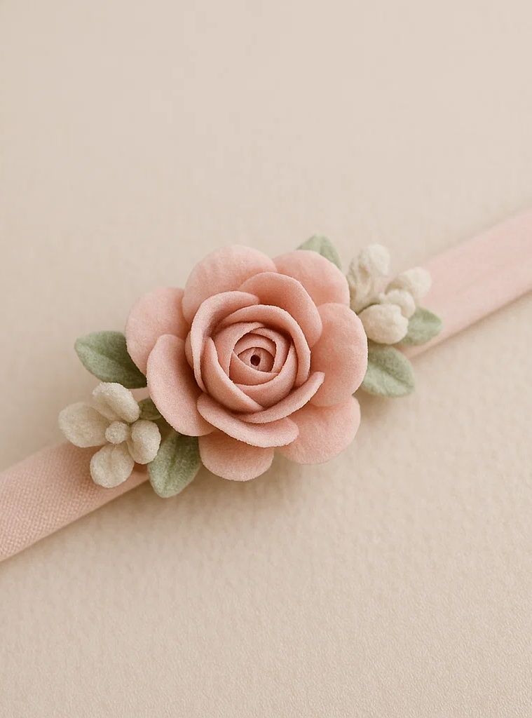 Handmade Rose Embroidery Baby Headband, Elegant Pink Floral Infant Hairband