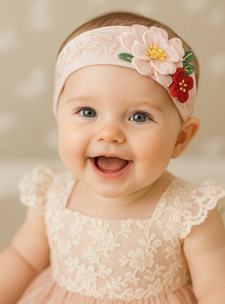 Embroidered Blossom Baby Headband, Handmade Pink and Red Flower Infant Hairband