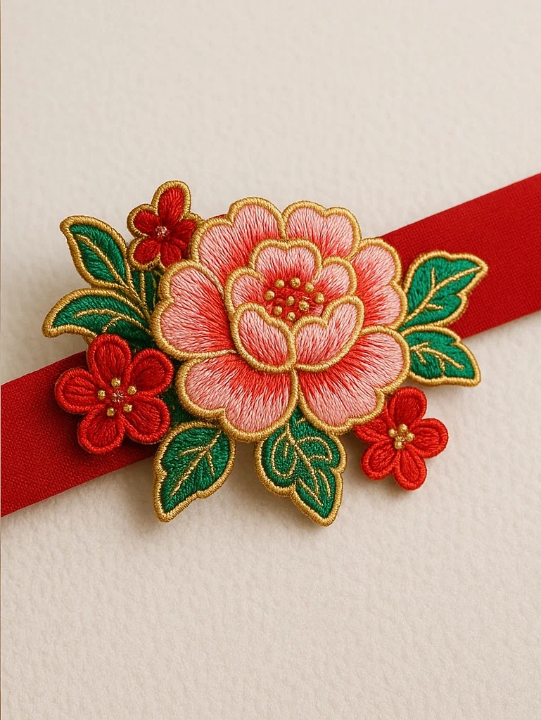 Chinese Red Embroidered Flower Baby Headband, Handmade Floral Infant Hairband