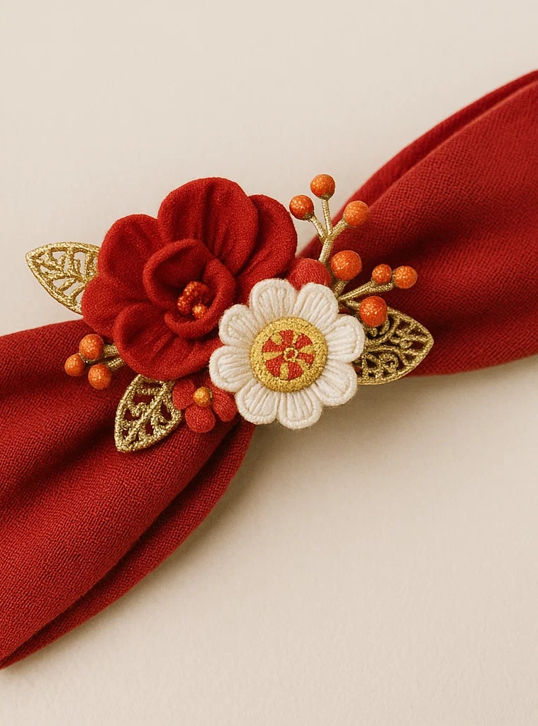 Chinese Red Embroidered Floral Baby Headband, Handmade Flower Infant Hairband