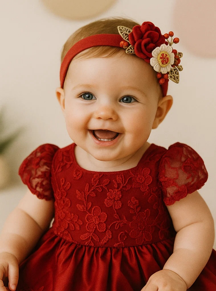 Chinese Red Embroidered Floral Baby Headband, Handmade Flower Infant Hairband