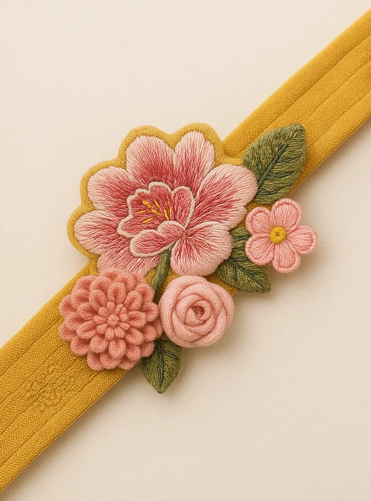 Handmade Yellow Embroidered Floral Baby Headband, Chinese Style Flower Infant Hairband