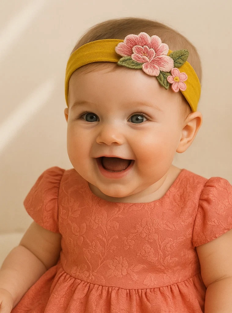 Handmade Yellow Embroidered Floral Baby Headband, Chinese Style Flower Infant Hairband
