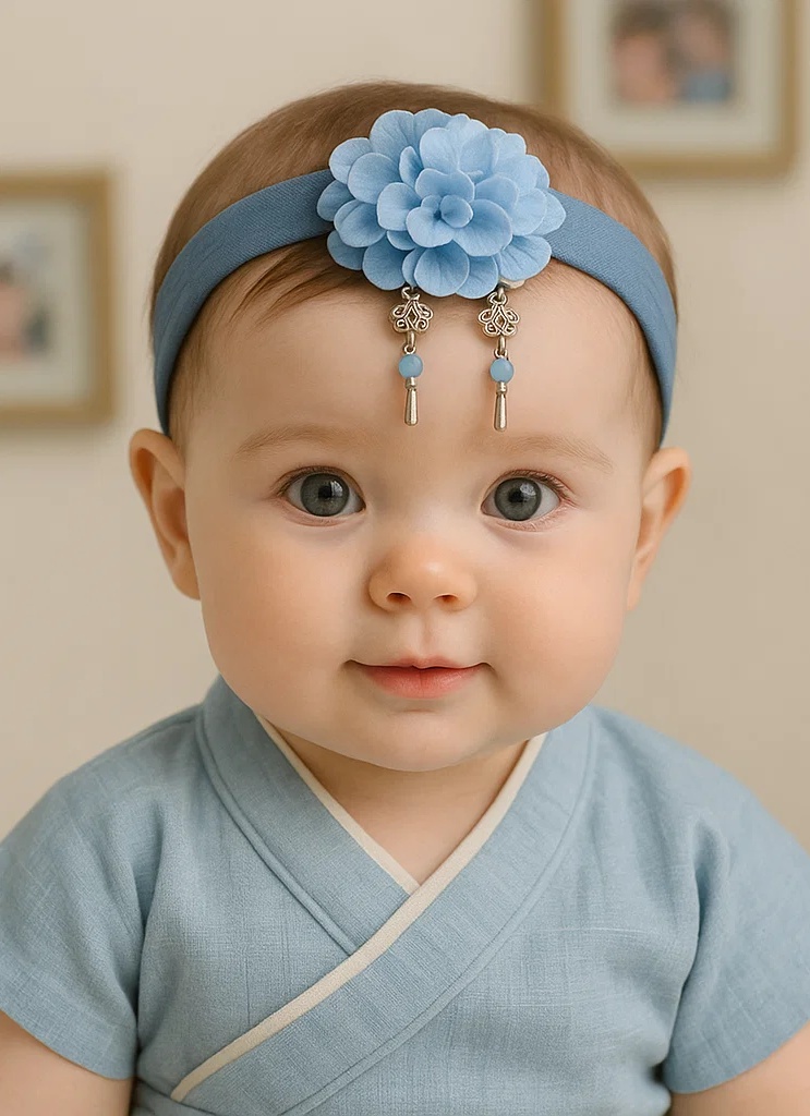 Bandeau bébé brodé avec fleur et accent de feuille