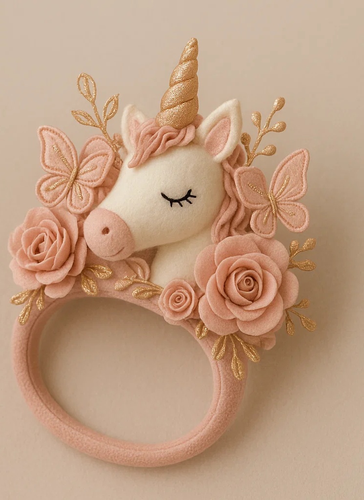 Bentiță roz pentru bebeluși cu unicorn, aripi de fluture și flori de trandafir
