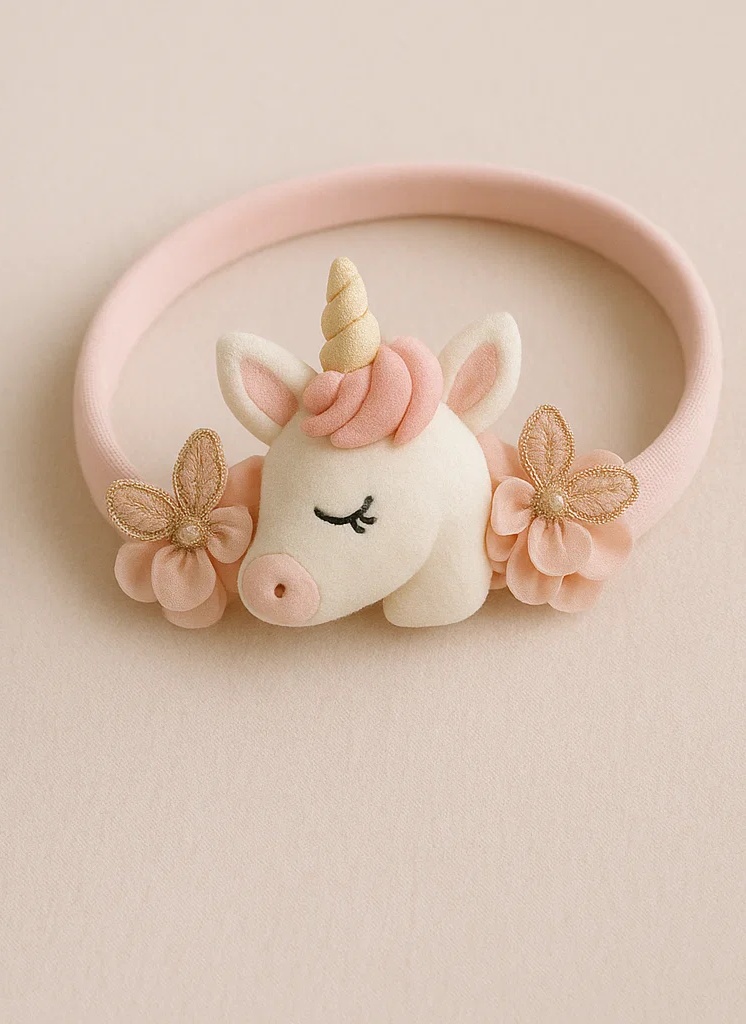 Handmade Pink Unicorn Floral Headband with 3D Butterfly – Soft Plush Baby Girl Hairband for Parties