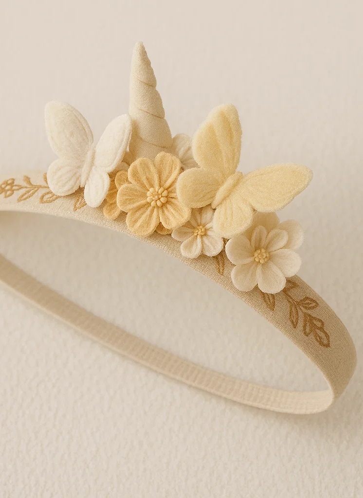 Unicorn Plush Baby Headband – Yellow Embroidered Butterfly & Floral Hairband