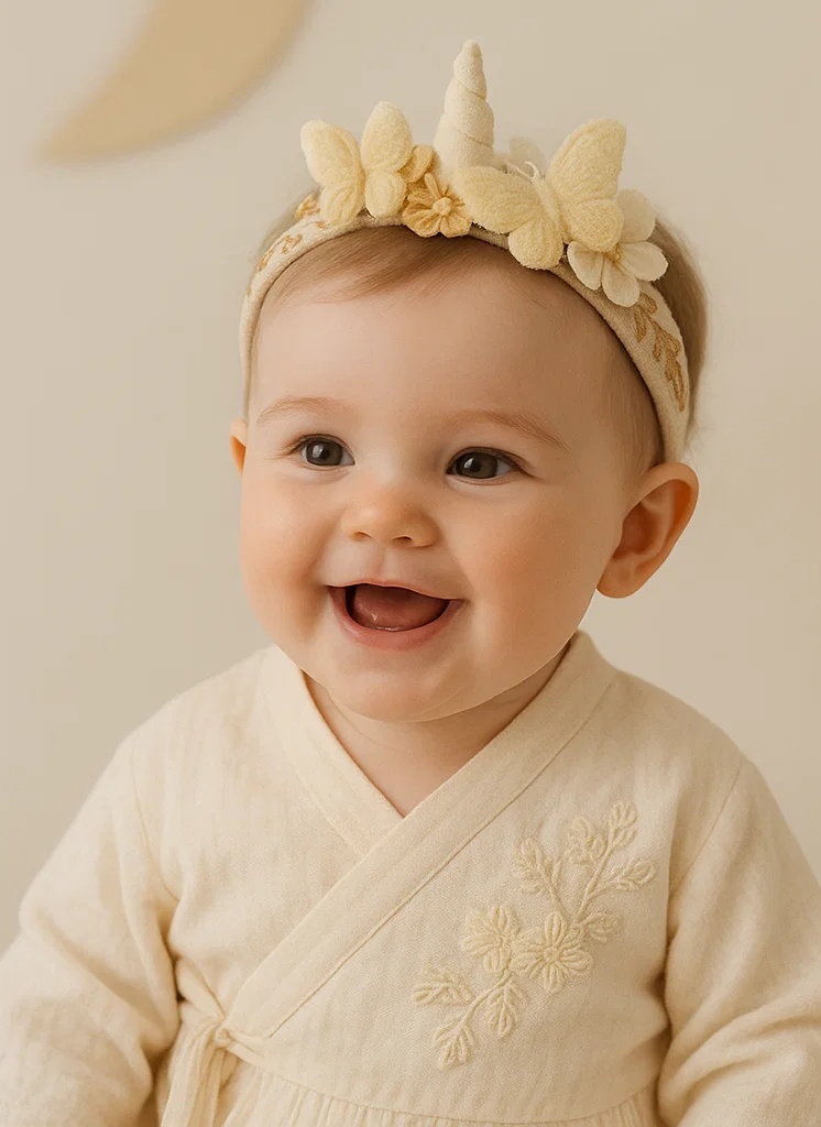 Unicorn Plush Baby Headband – Yellow Embroidered Butterfly & Floral Hairband