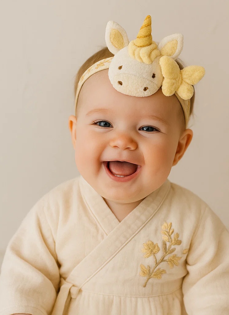 Bandeau bébé licorne avec fleurs et papillon – couleur crème
