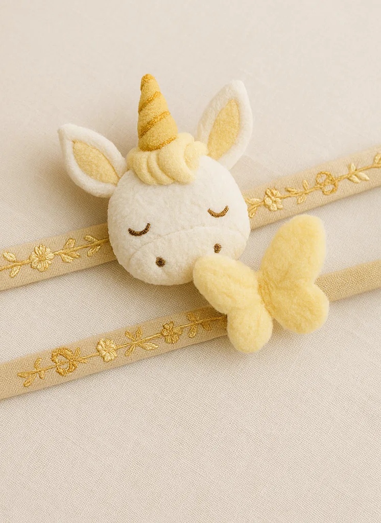 Bandeau bébé licorne avec fleurs et papillon – couleur crème