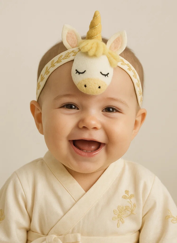 Tiara de unicórnio para bebê com flores e borboleta – cor creme