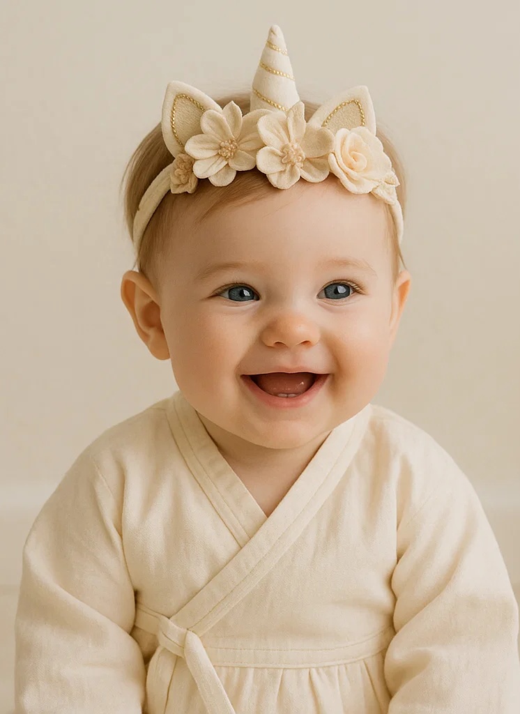 Handmade Cream Unicorn & Floral Headband with Butterfly – Soft Plush Baby Hairband for Special Occasions