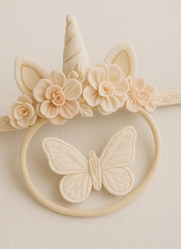 Handmade Cream Unicorn & Floral Headband with Butterfly – Soft Plush Baby Hairband for Special Occasions